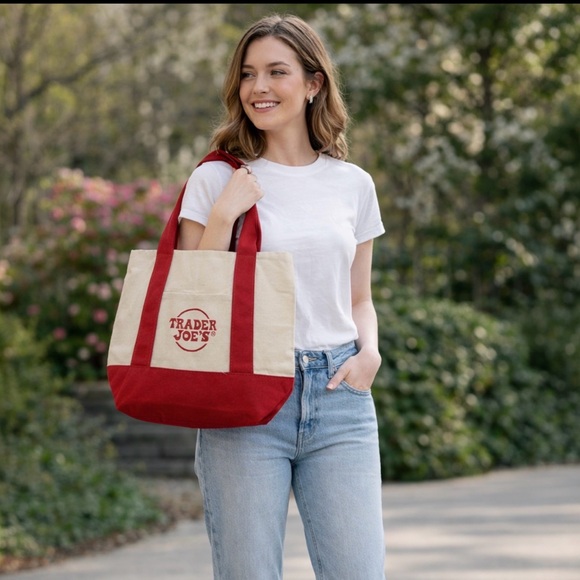 Trader Joe'S Handbags - TRADER JOE’S MINI CANVAS TOTE LIMITED 2025 EDITION RED HANDLES REUSE RECYCLE